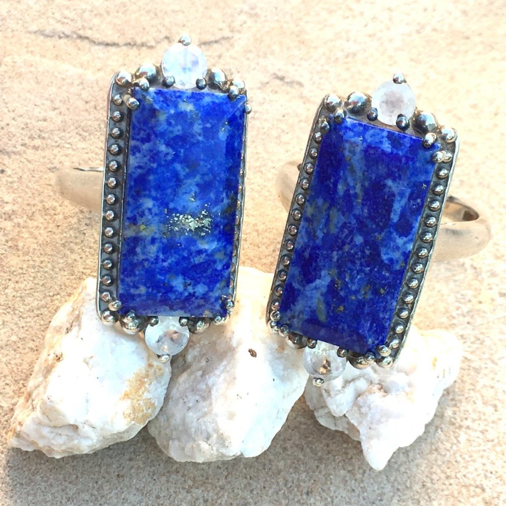 Natural Lapis & Moonstone .925 Statement Ring Sterling Silver Genuine Gemstones
